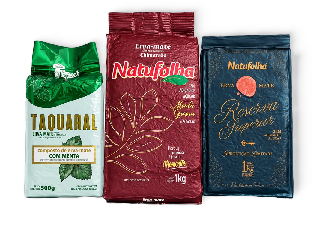 As três ervas do Plano Bah, Tchê!: Natufolha Reserva Superior, Natufolha Moída Grossa, Taquaral Menta