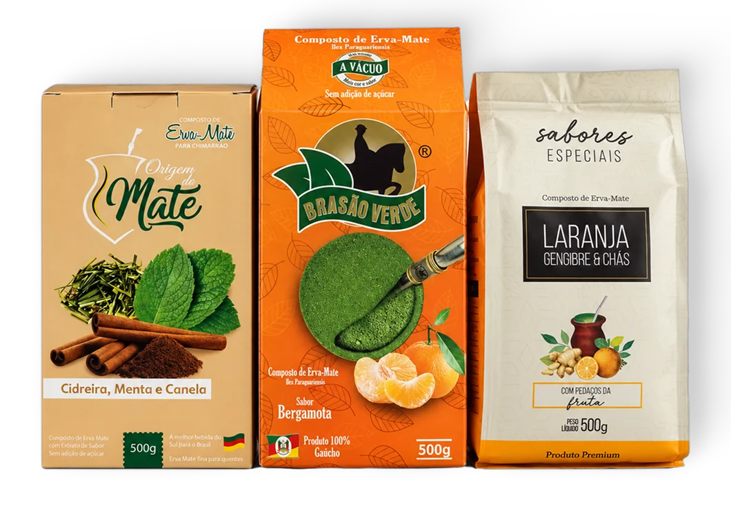 As três ervas do Plano Tri Bom: Cidreira, Menta e Canela, Brasão Verde Bergamota, Laranja, Gengibre e Chás